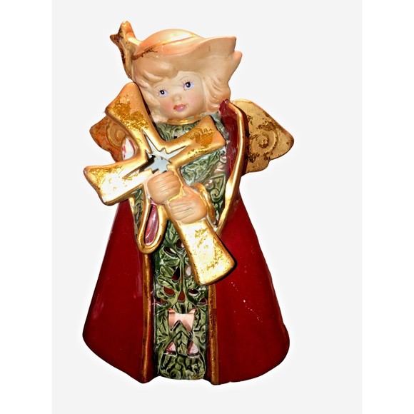 Vintage Classic Elements Christmas Angel Figurine Red Gold Cross Religious 10" - Picture 1 of 6